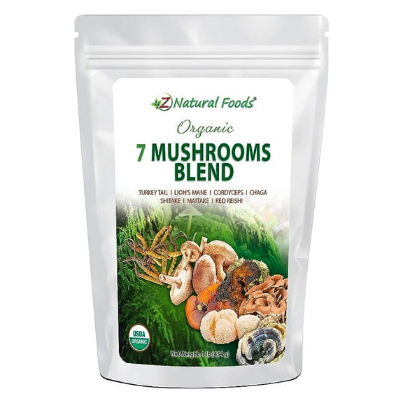 Z Natural Foods Organic 7 Sacred Mushrooms Blend - Mushroom Powder for Immune Health - Lion’s Mane, Cordyceps, Chaga, Red Reishi, Shiitake, Maitake & Turkey Tail Extract for Coffee, Smoothies, 1 lb
