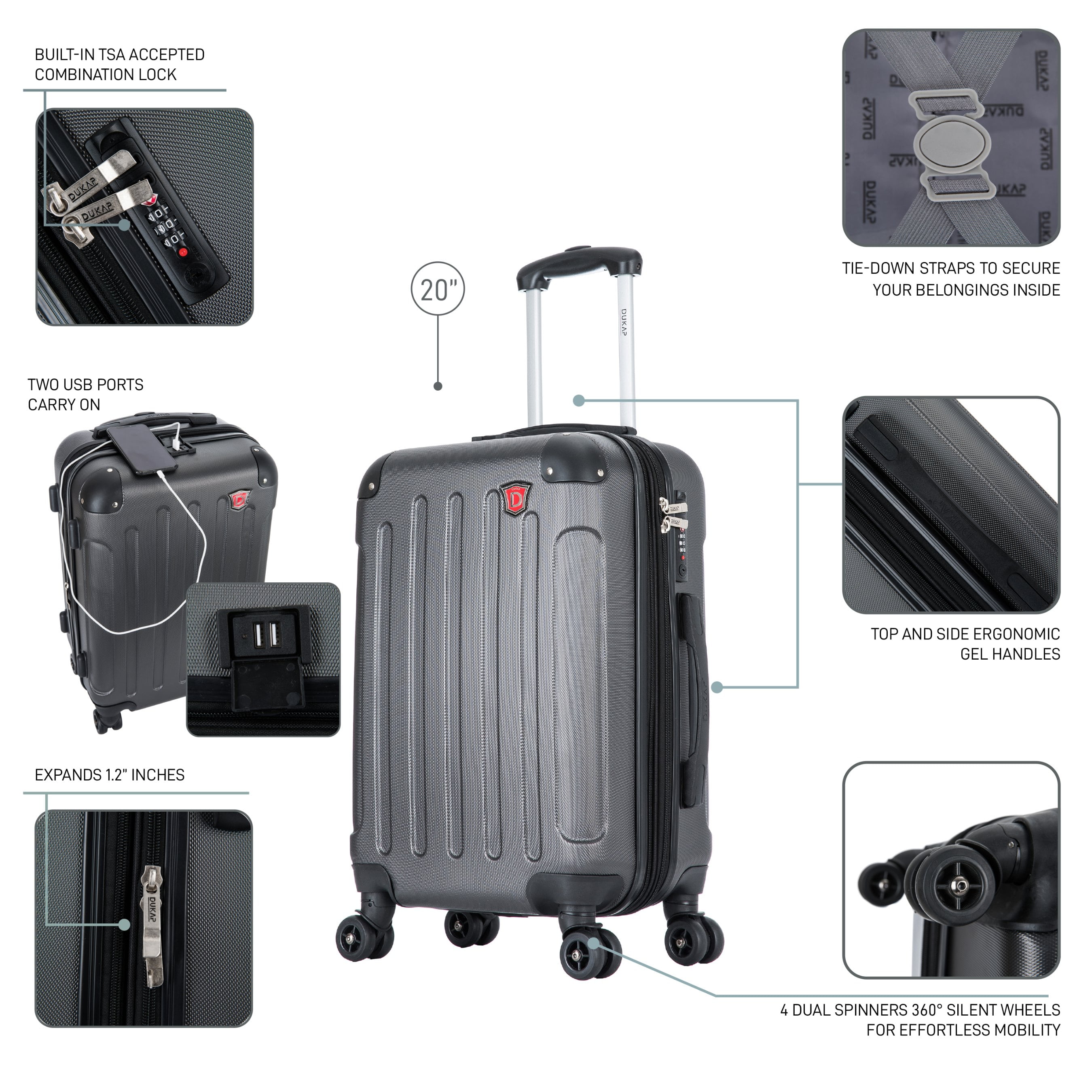 DUKAP Intely 20" Hardside Lightweight Carry-on Luggage with Spinner Wheels and USB Port, Gray