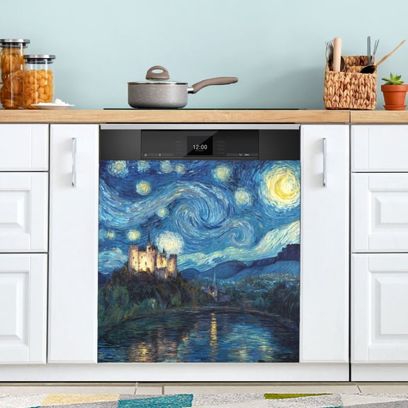 Qxltty Starry Night Style Castle Magnetic Dishwasher Sticker Refrigerator Cover Washing Machine Panel Kitchen Appliance Decoration 23×26in