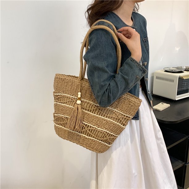 Bolso de playa de paja para mujer Bolso de hombro tejido Bolso de verano (Caqui)