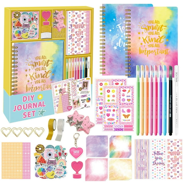 NAOJIE DIY Journal Kit for girls, featuring a vibrant multicolour design. Includes 98 pieces such as a spiral notebook with motivational quotes, 50 stickers, 20 notepads, 8 coloured pens, glitter tape, paper bookmarks, photo frame stickers, and decorative accessories like heart pendants and star hair clips. Suitable for journaling, scrapbooking, and creative expression. Perfect birthday gift for girls aged 8-12 and teens, and ideal for school or office supplies.