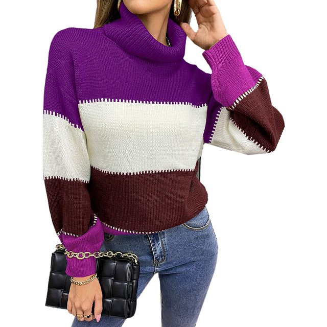 Women's Sweaters Casual Long Sleeve Crewneck Color Block Patchwork Pullover Knit Sweater Tops