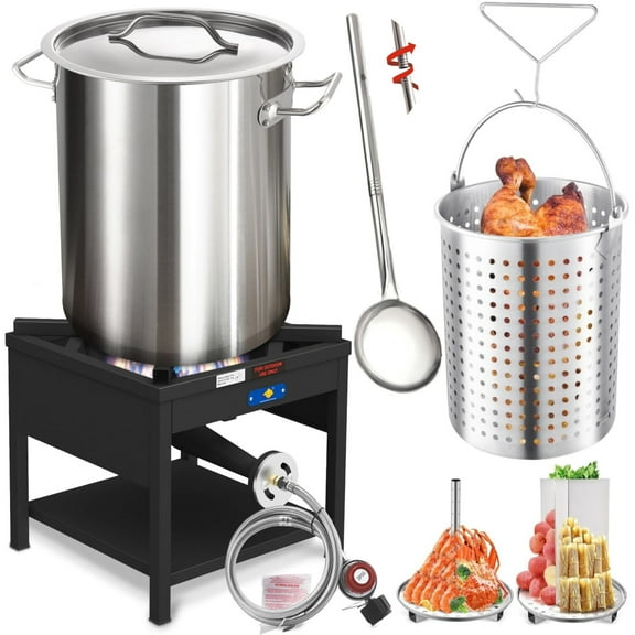 32QT Seafood Boiling Kit, 200,000BTU Propane Burner and 36" Large Spoon, Crawfish Boil Pot w/Basket and Steamer Rack, Outdoors Cooking and Steaming, Large Turkey Fryer Pot, Lobster Shrimp Pot