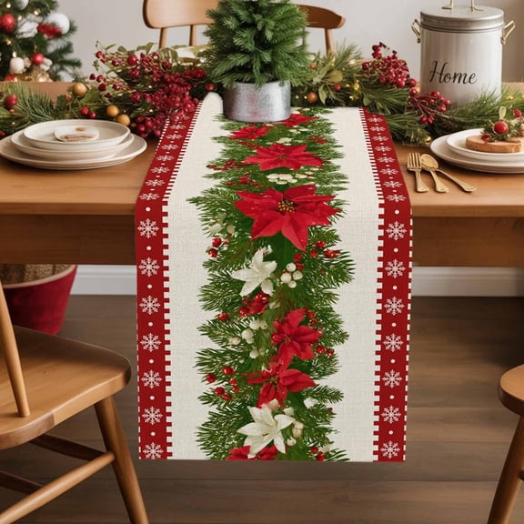 Table Runner 13x70in Inches Long, Merry Xmas Poinsettia HazelnutsLinen Washable Dresser Scarf Pine Branches SnowflakeKitchen Dinning Tablerunners for Holiday/Party/Wedding/Home Tables Decor