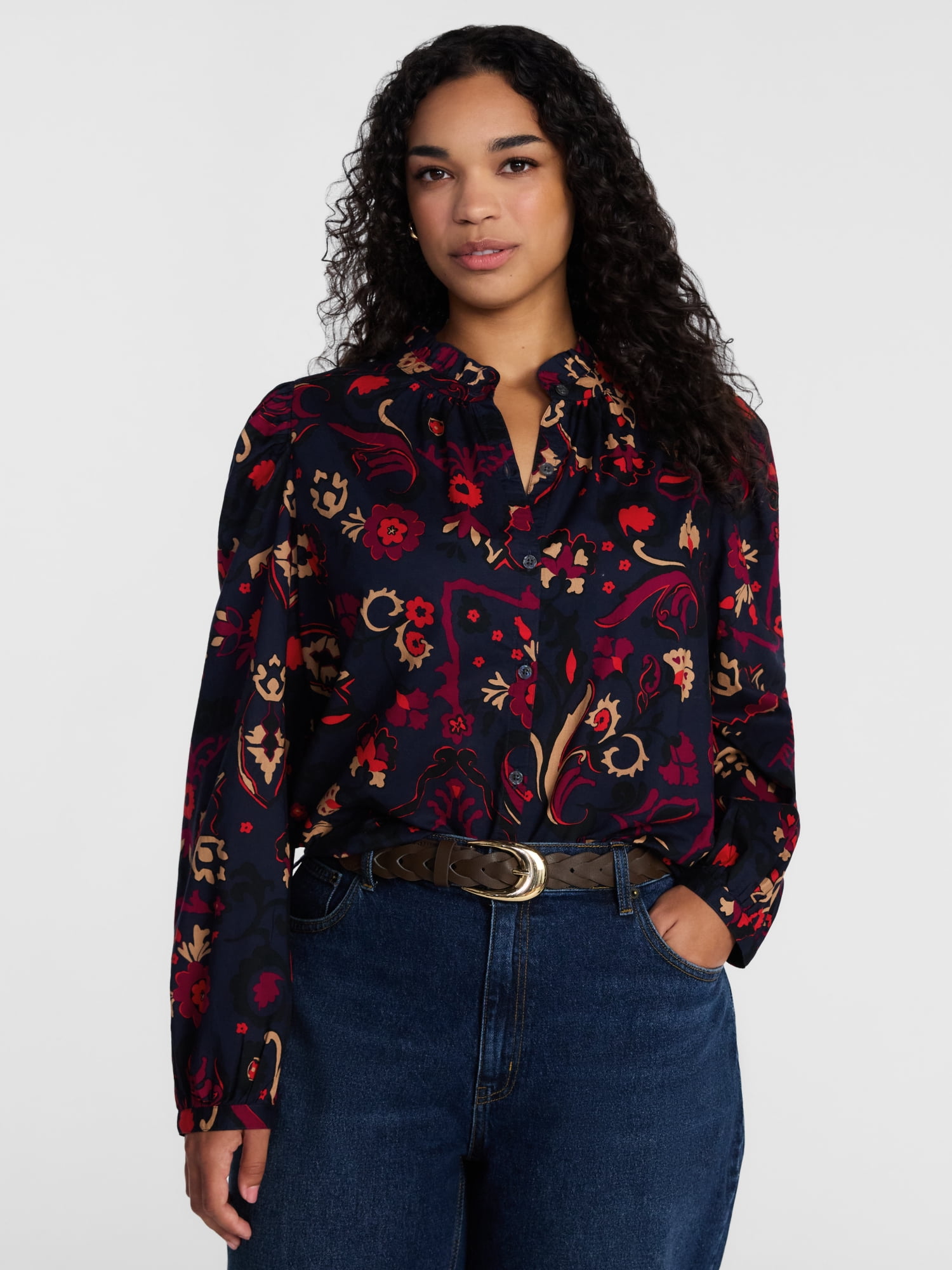 Scenario Women's Ruffle Collar Top with Long Sleeves, Sizes XS-XXXL