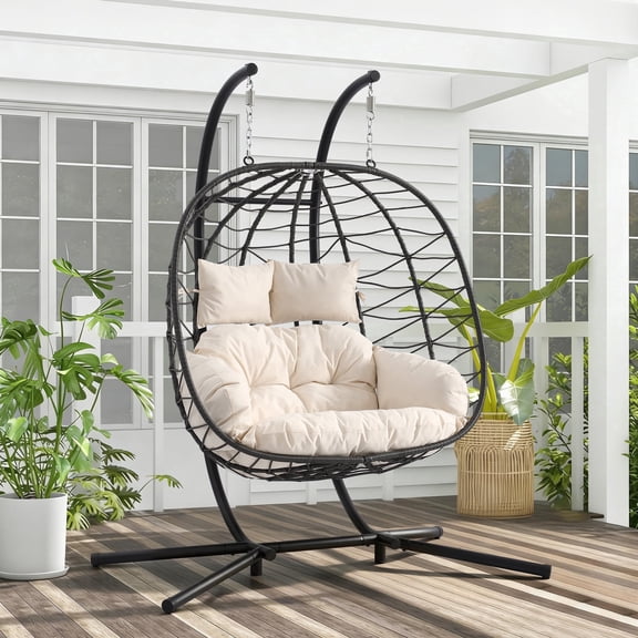 Magic Union Double Egg Chair with Stand, 2 Person Hanging Rattan Wicker Swing for Indoor Outdoor Use, Hanging Loveseat with Cushion & Headrest, 650 Lbs Capacity for Patio Balcony Bedroom