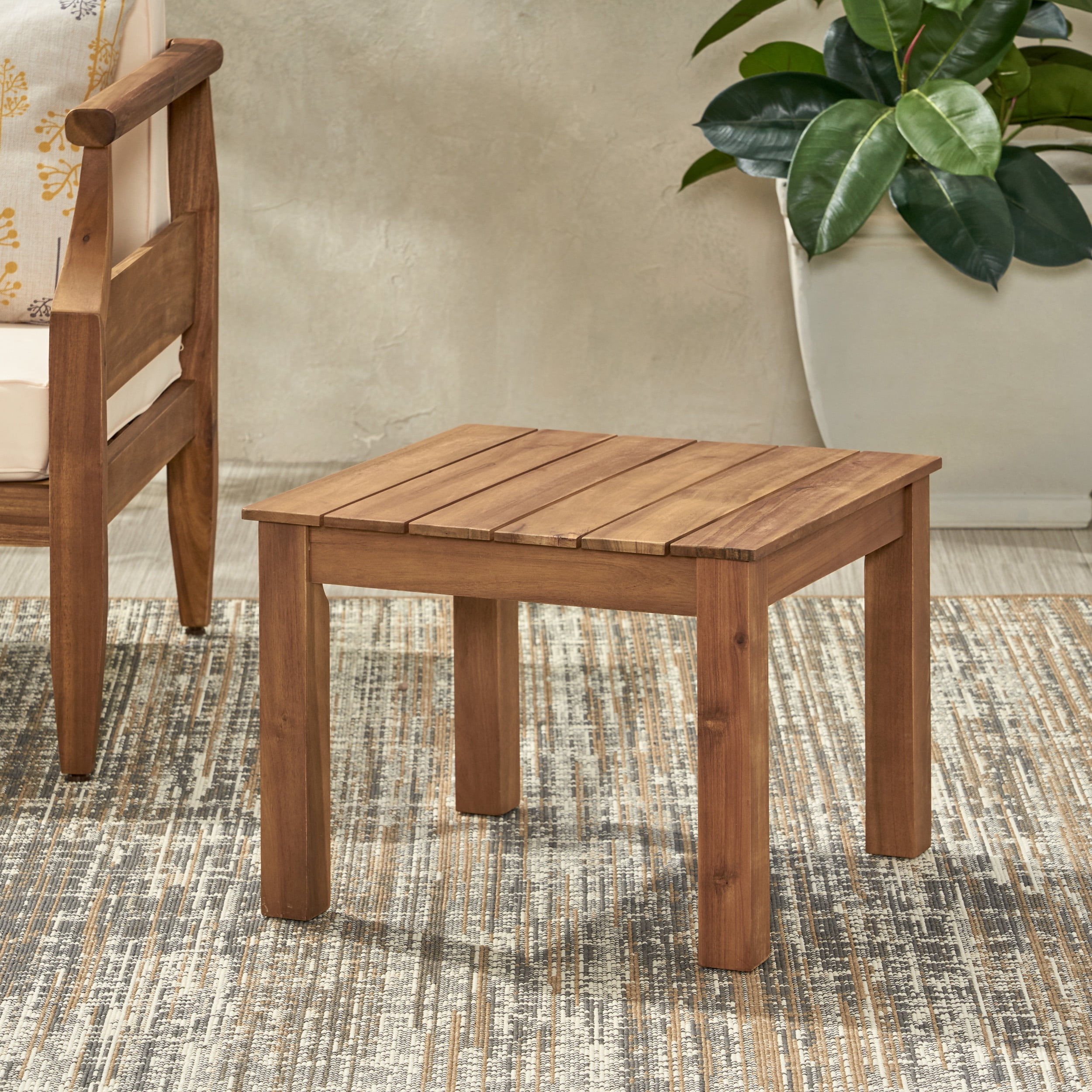 Outdoor Square Accent Side Table, Acacia Wood Leisure Decoration Table for Patio Garden, Teak