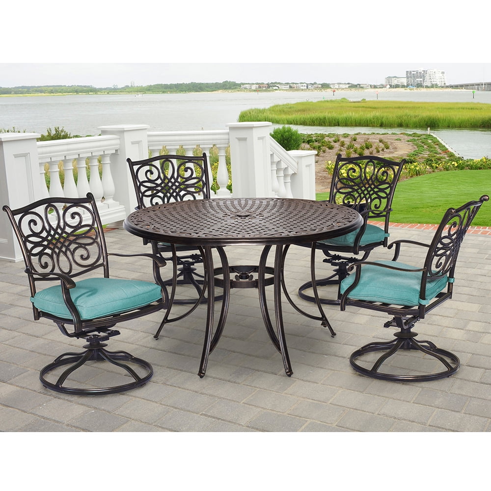 Hanover Traditions 5-Piece Rust-Free Aluminum Outdoor Patio Dining Set with Blue Cushions