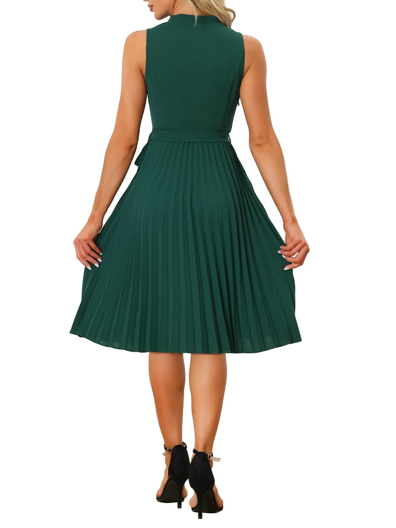INSPIRE CHIC Pleated Dress for Women's Sleeveless V Neck Tie Waist A-line  Midi Dresses XL Dark Green - Walmart.com