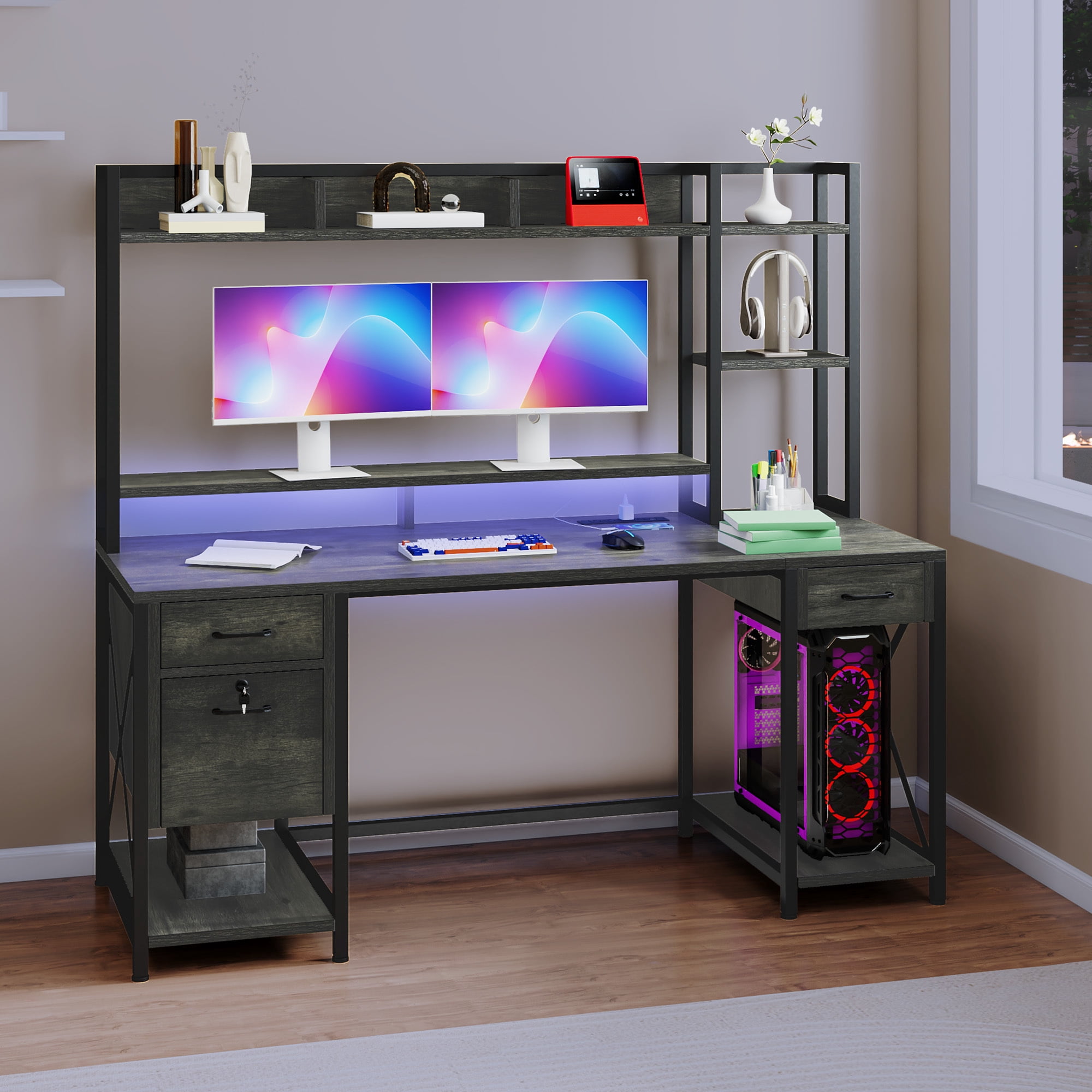 Uforic 59.1 Inch Rustic Brown Computer Desk with Hutch & Drawers with RGB LED Light Strip Multi-Shelf Storage with Sturdy Metal Frame, Gray