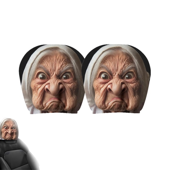 2 Pack Funny Granny Face Headrest Covers for Cars, Universal Elastic Stretch Car Headrest Pillow Protector Fit for Sedan Truck, Fun Decor Accessory