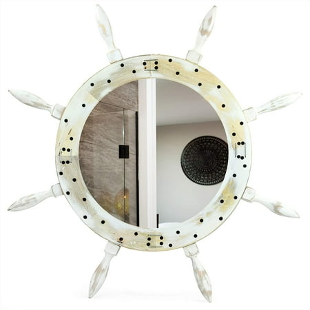 

Wooden Ship Wheel Mirror (Wires & Screws) (24 Inches Rustic White)