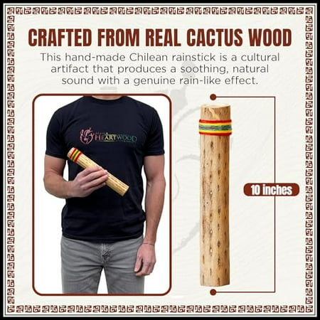 10" Cactus Rainstick from Chile - Authentic Handcrafted Rain Stick Musical Instrument with Rasta Yarn Wrap and Durable Sealant