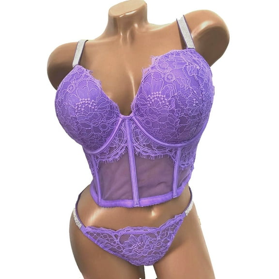 Victoria's Secret Very Sexy Push-Up Corset Top Shine Strap & Panty Set Lavender 38D/X-Large Panty NWT