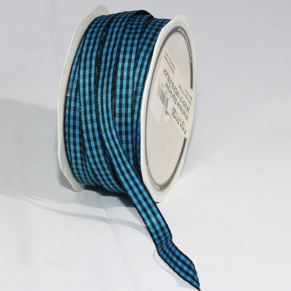 The Ribbon People Black and Blue Gingham Wired Woven Edge Craft Ribbon 0.25" x 108 Yards