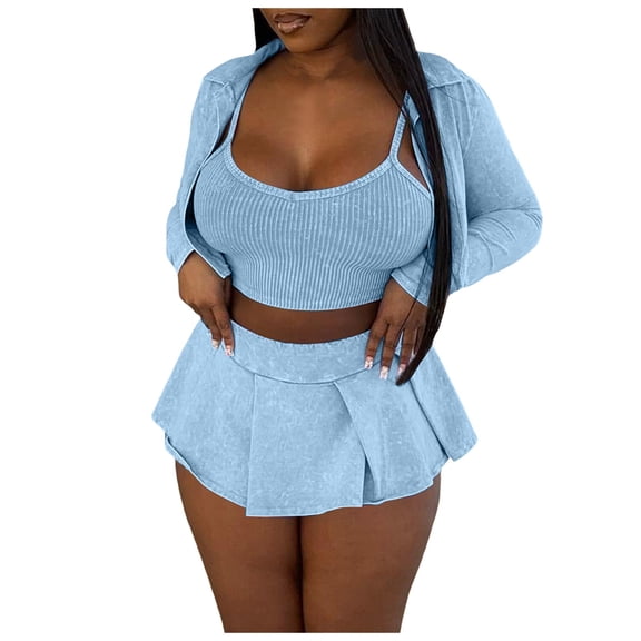 HXWCHs Women's Summer Tracksuit Set Fashionable Jacket Crop Top and Pleated Mini Skirt Outfit M Blue