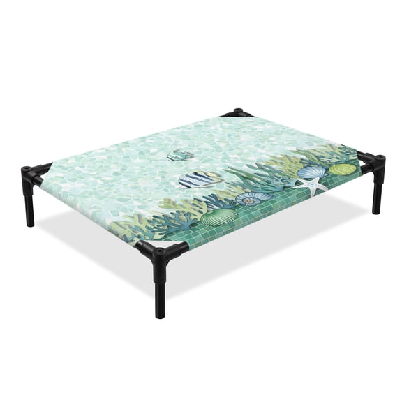 Summer Marine Life Elevated Dog Bed, Tropical Fish Ocean Starfish Conch Sea Shell Cooling Breathable Outdoor Raised Dog Cot Bed with Metal Frame Non-Slip Feet for Large Dog 28x22in
