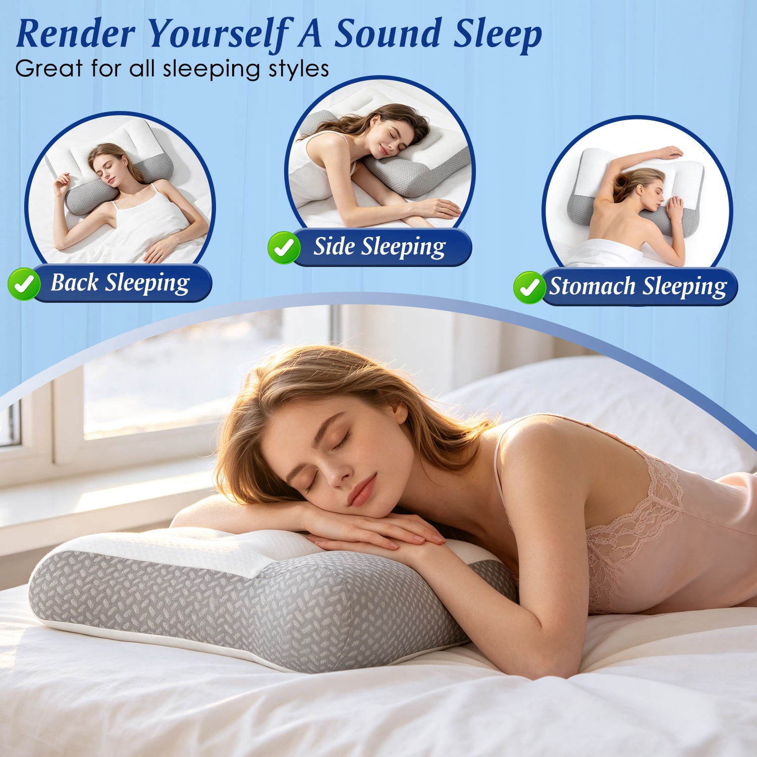 Astoutdoor Dual Zone Support Bed Pillow, Ergonomic Pillow with Ear Cutout for Side Sleepers, Breathable Mesh Cover, Down Alternative Fiber Filling for Home Bedroom Use