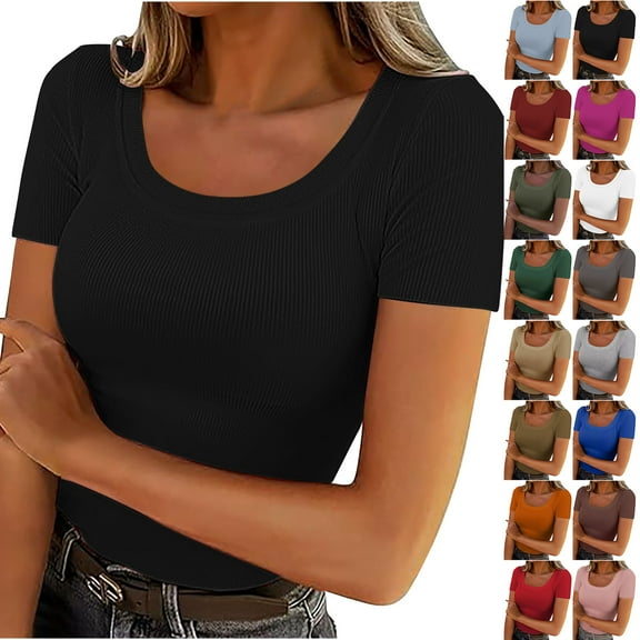 Otntypg Women Short Sleeve Crewneck Ribbed Knit Slim Fitted Shirts Summer 2025 Basic Workout Tee Tshirt Tops Underwear Outfits Clothes Army Green XXL