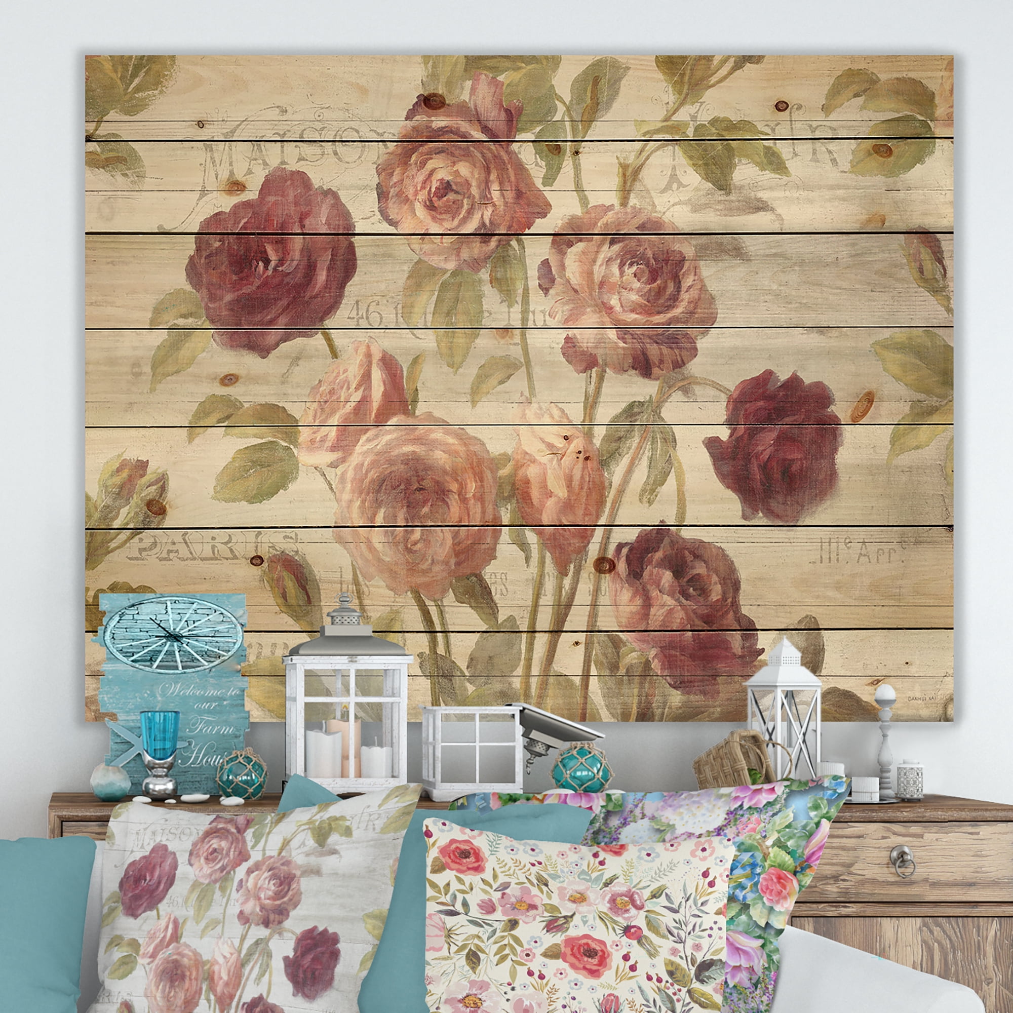 Designart 'French Red Roses I' Farmhouse Print on Natural Pine Wood