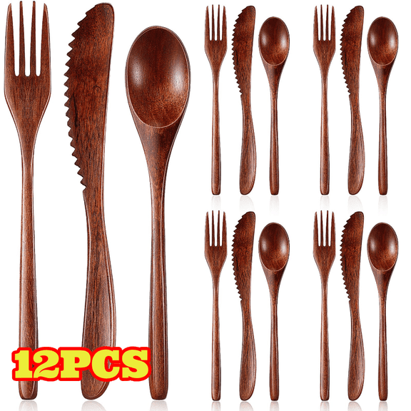 YanJici Wooden Utensils for Eating, 12pcs Wooden Kitchen Utensils Set, Spoon Fork Knife Flatware Dinner Tableware Set for Kitchen and Travel