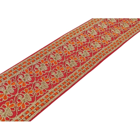 IBA Indianbeautifulart Golden Dori & Zari With Orange & Red Thread Dupion Trimming for Sewing 1 Inch Wide DIY Craft by 3 Yard Border Lace Tape Trim