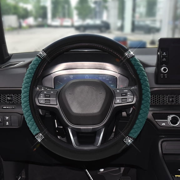 RIONIMA Bling Soft Leather Steering Wheel Cover,15In Colorful Rhinestones Auto Elastic Steering Wheel Protector for Women Girls,Car Accessories Anti Slip Steering Wheel Cover for Cars(Dark Green)