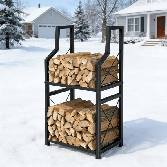 2-Tier Firewood Rack, Firewood Holder, Heavy Duty Wood Rack for Outdoor Patio, Black