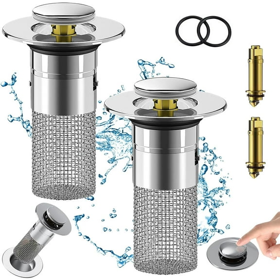 Bathroom Sink Drain Strainer,Upgrade Universal Bathroom Sink Stopper for 1.34-1.57 inch, Pop-up Sink Drain Strainer with Removable Stainless Steel Strainer Basket Hair Catcher(2Pcs)