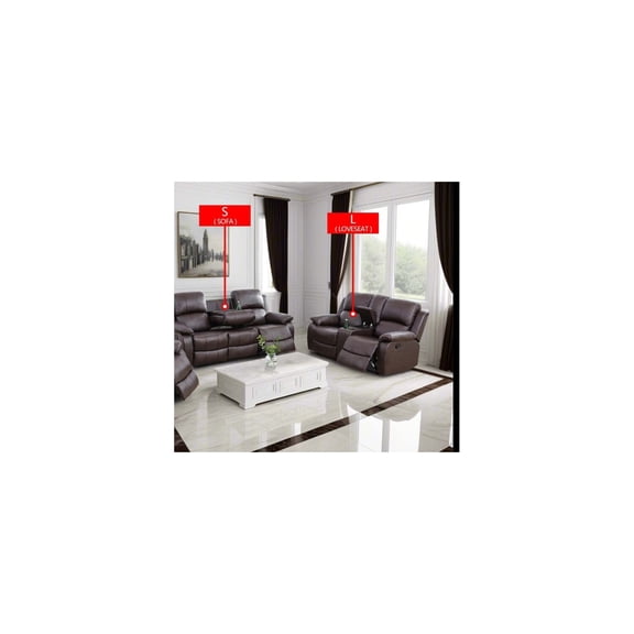 LIFESTYLE Sectional Recliner Sofa Set Bonded Leather 2 PCS Motion Sofa Loveseat Recliner Couch Manual Reclining Chair with Drop Down Table & Central Console for Living Room (Brown)