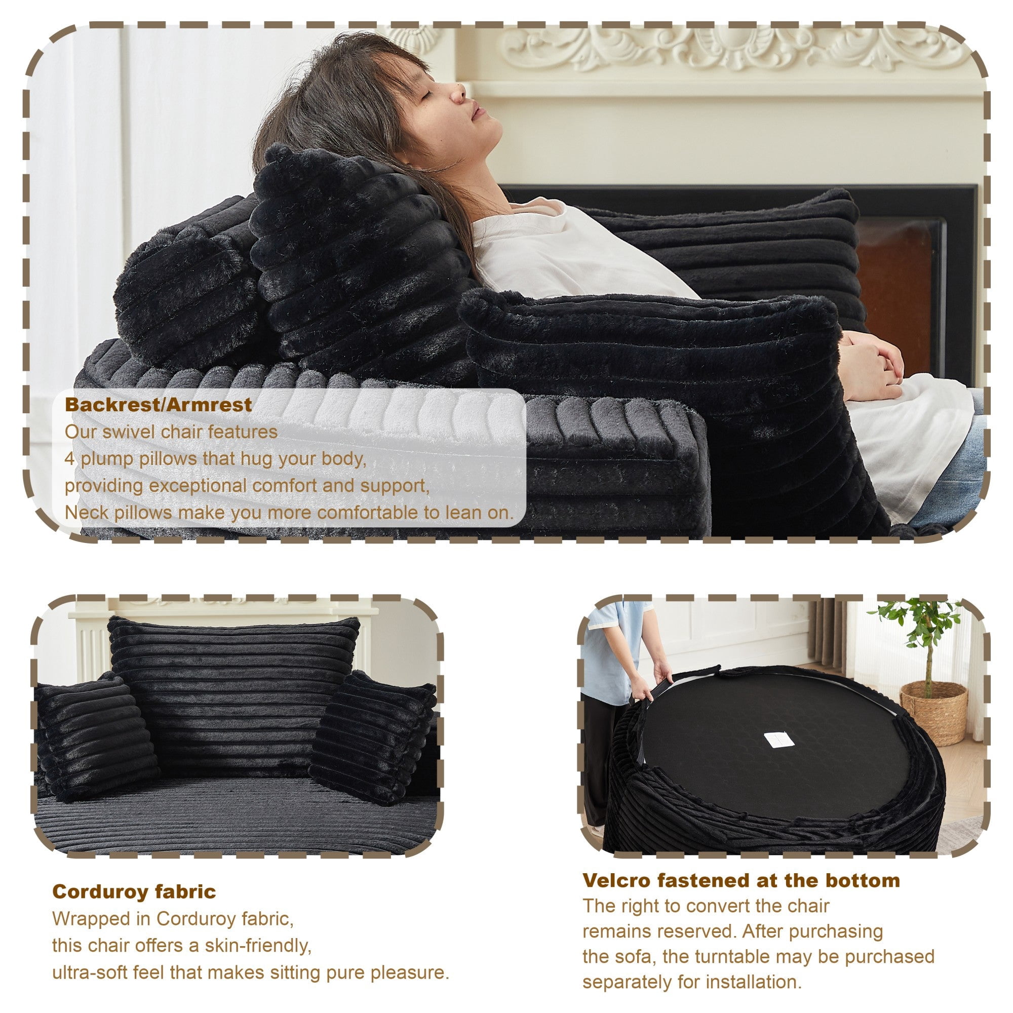 Sailvan 55" Modern Corduroy Single Seater Lounge Chair, Modular Cloud Sofa with Enveloping Pillows, No Assembly Lazy Chair for Living Room Black