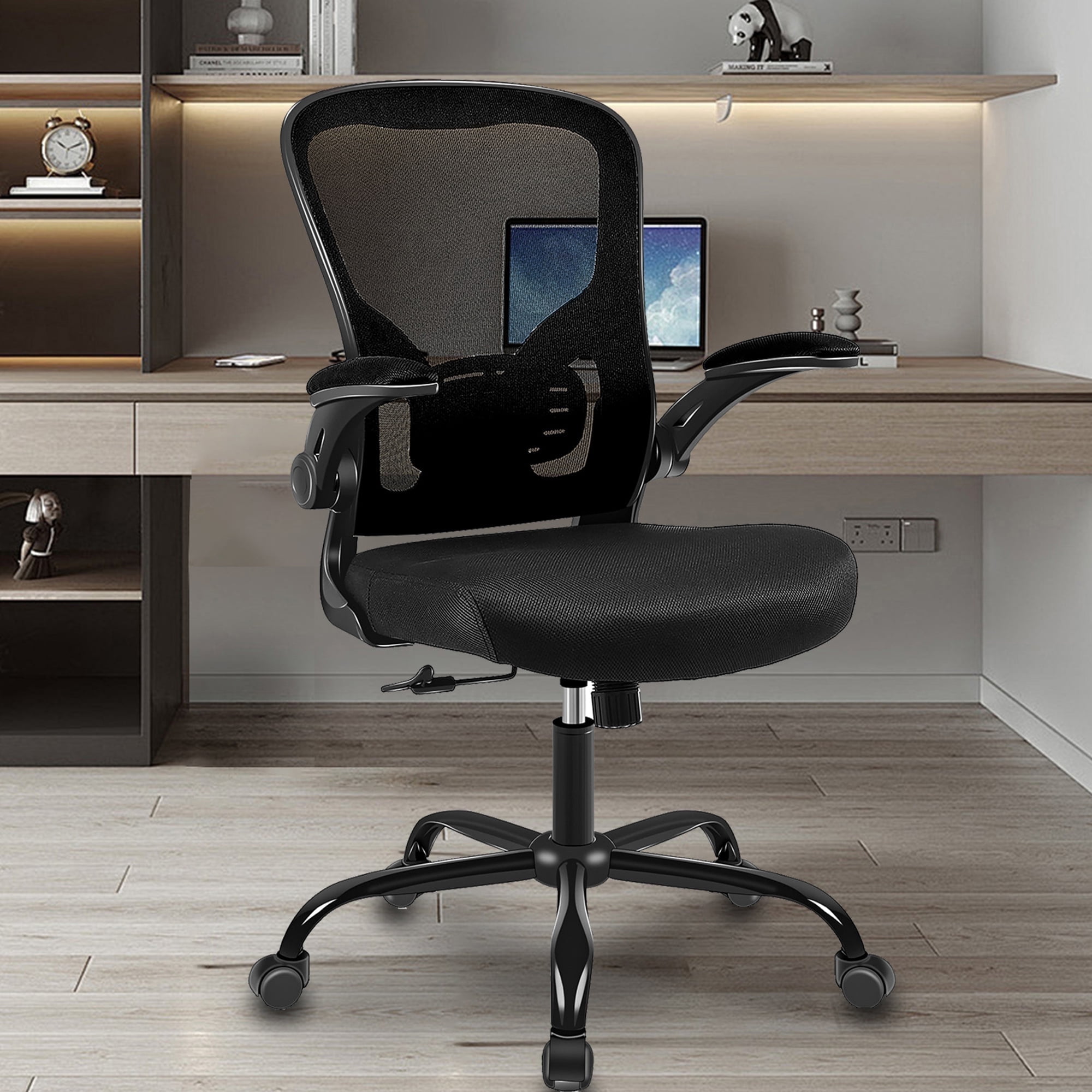 Flysky Mesh Office Chair 300lb, Ergonomic Home Office Desk Chair with Lumbar Support and Flip-up Arms, Black