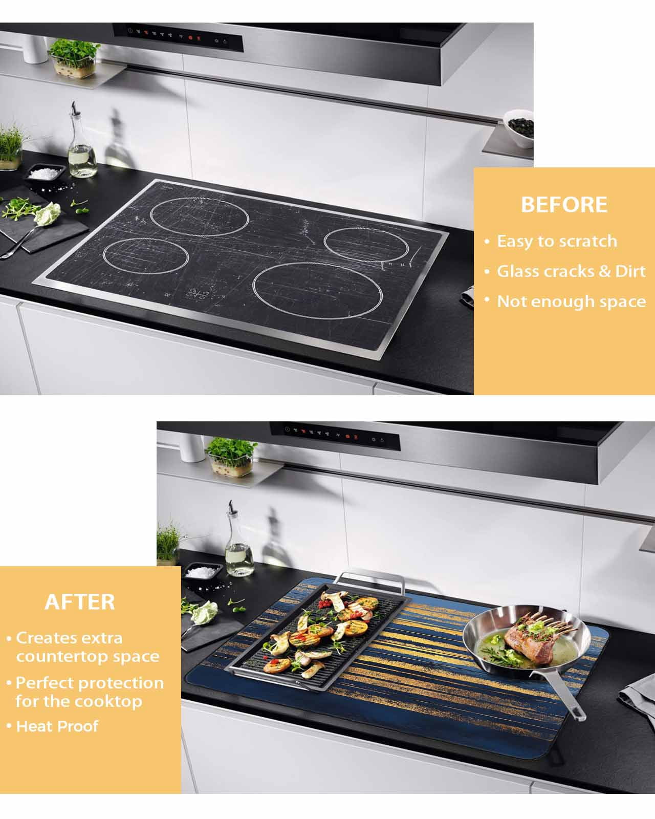 nqOlkjepod Large Induction Cooktop Protector Mat 24"x21", Summer Blue Gold Stove Top Covers for Electric Stove, Modern Coastal Ocean Wave Decorative Stove Burner Cover Mats, Glass Top Stove Cover