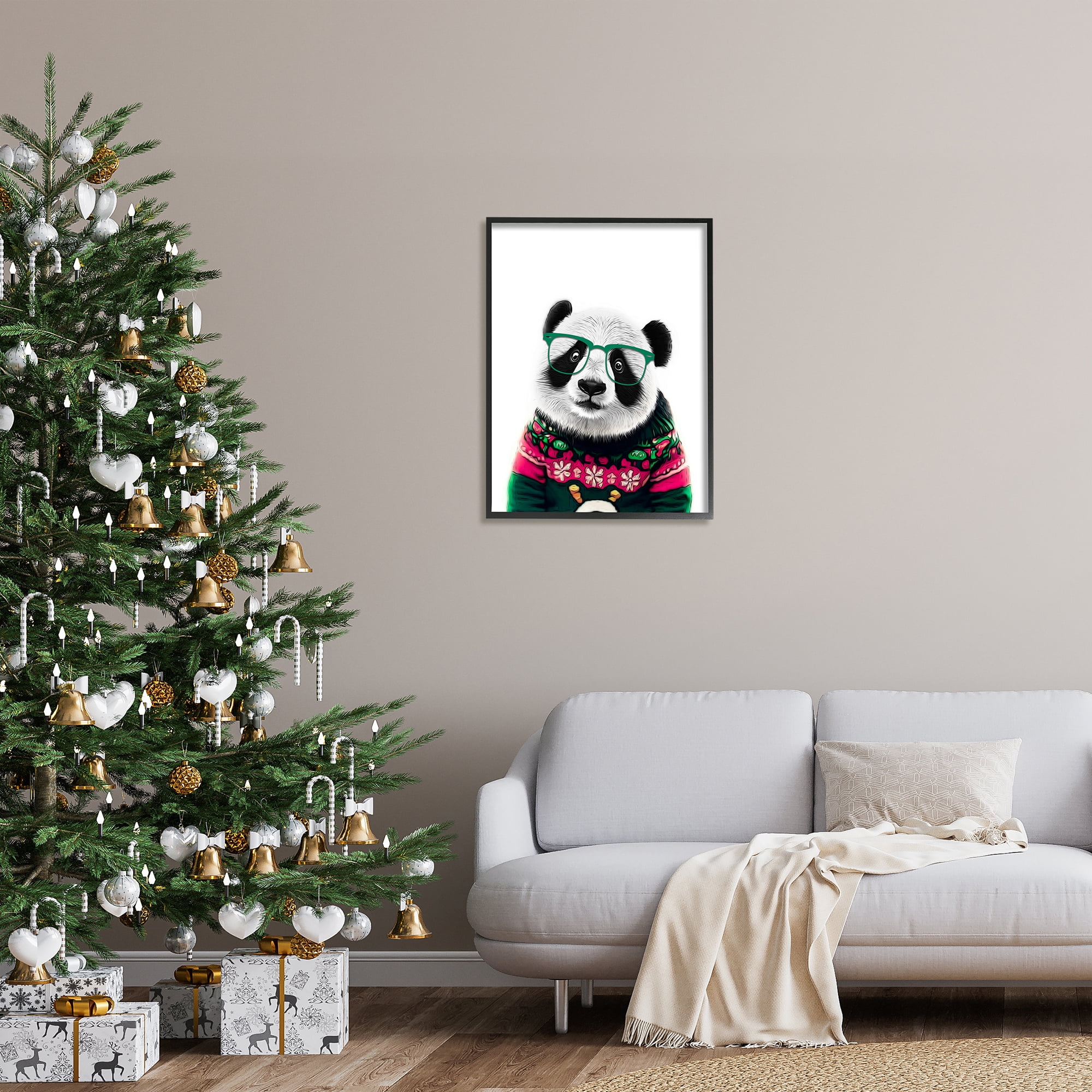 Stupell Industries Panda in Holiday Sweater Holiday Painting Black Framed Art Print Wall Art, 24 x 30