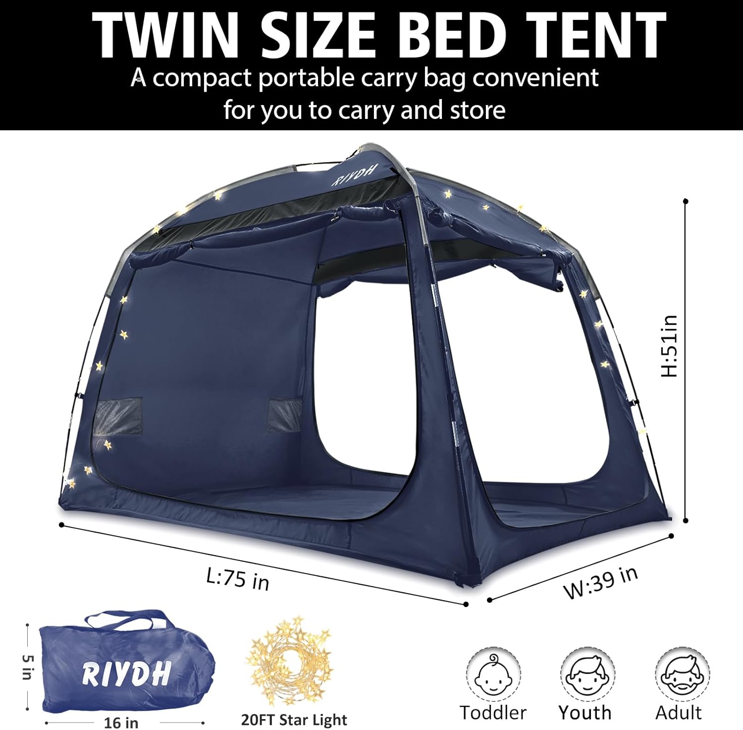 Bed Tent Bed Canopy Breathable 100% for Adult and Kids Light Reduction Sleeping Dream Tents Indoor Portable Big Space with String Light 3 Doors Twin Full Queen Size