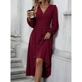 thumbnail image 2 of Women'S Fall Maxi Dresses Long Sleeve V Neck Dots High Waisted A-Line Ruffle Boho Long Dress Vacation Wine Red XL, 2 of 5