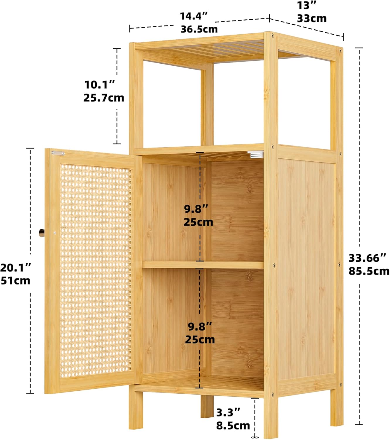 Bamboo Floor Cabinet, Bathroom Storage Organizer Rack with Single Rattan Door and 1 Shelf, Small Wooden Side Cupboard Stand for Entryway, Laundry, Kitchen, Living Room (Natural)