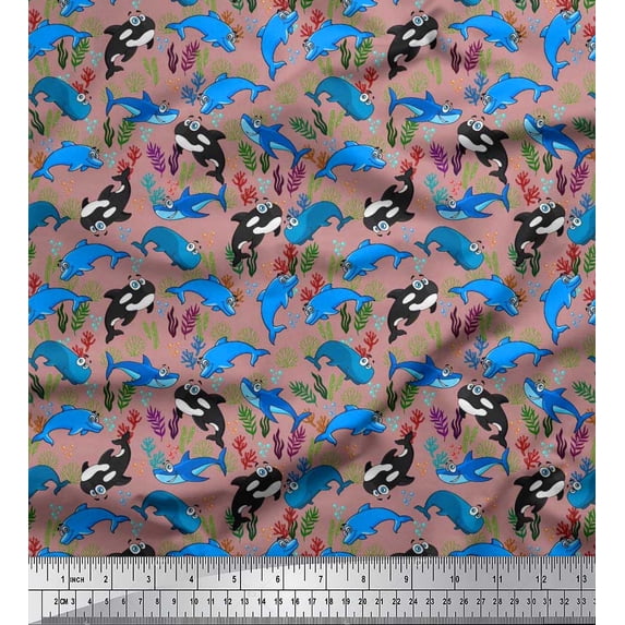 Soimoi Rayon Fabric Coral,Dolphin & Whale Ocean Printed Fabric 1 Yard 42 Inch Wide