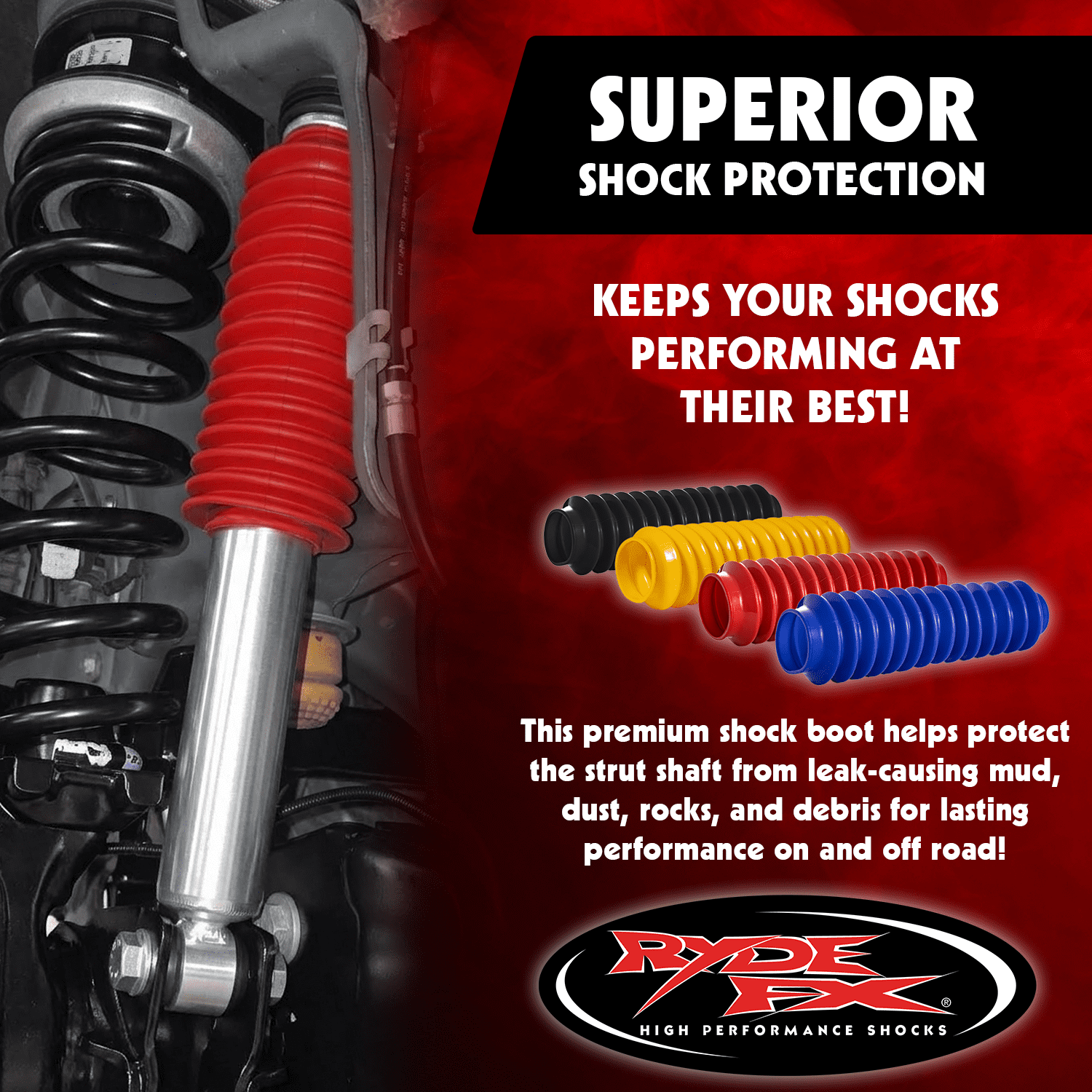 RYDE FX Strut & Shock Absorber Boot Bellows – Universal Fit, Up to 2.36 in (60 mm) Shock Body, 14.8 in (376 mm) Length, Flexible Polyvinyl Dust & Debris cover, Includes Tie Strap, Blue (Single)