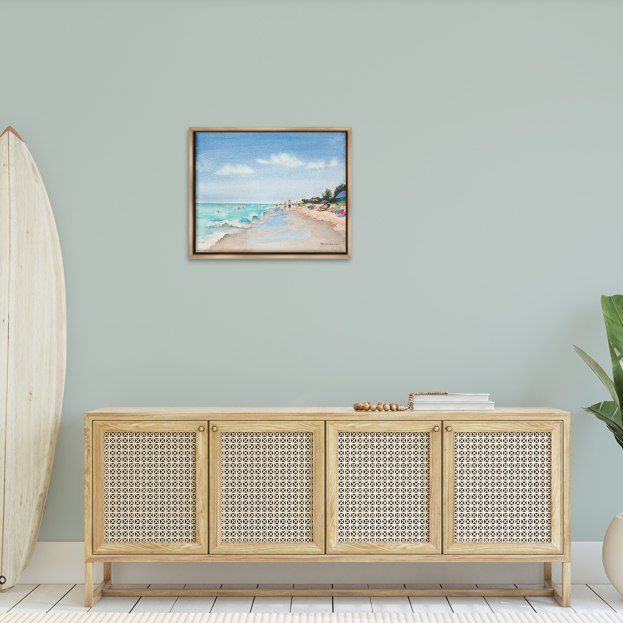 Stupell Industries Traditional Beachgoers View Landscape Painting Brown Floater Framed Canvas Art Print Wall Art, 31 x 25