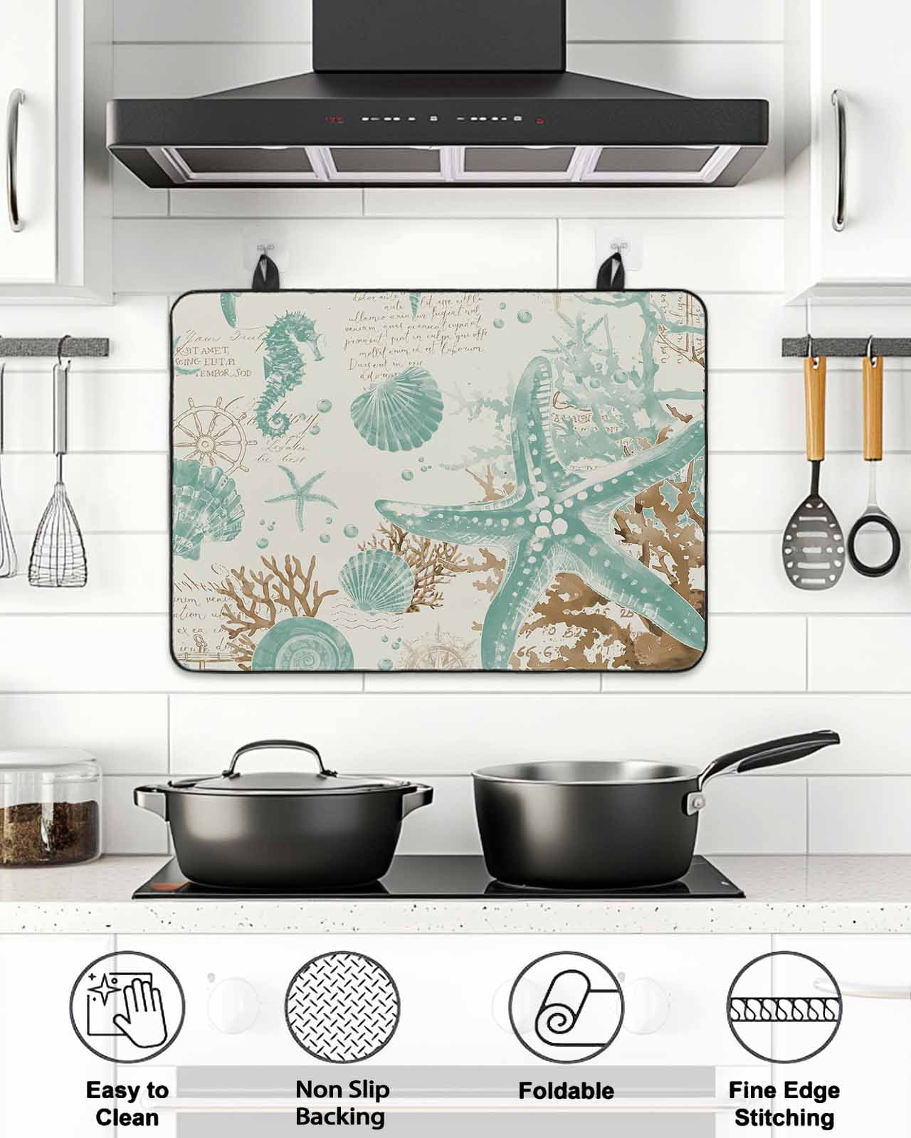 Stove Top Covers for Electric Stove, Aqua Coastal Starfish Glass Stovetop Cover Protector, Farmhouse Nautical Seahorse Coral Induction Cooktop Protector Oven Mat for Kitchen Countertop 36"x21"