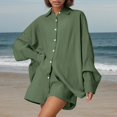 thumbnail image 2 of JIAYUE Women 2 Piece Outfits Sets Solid Color Lapel Long Sleeve Casual Linen Blend Poplin Shirt And Shorts Button Ladies Stylish Clothing Set, 2 of 7