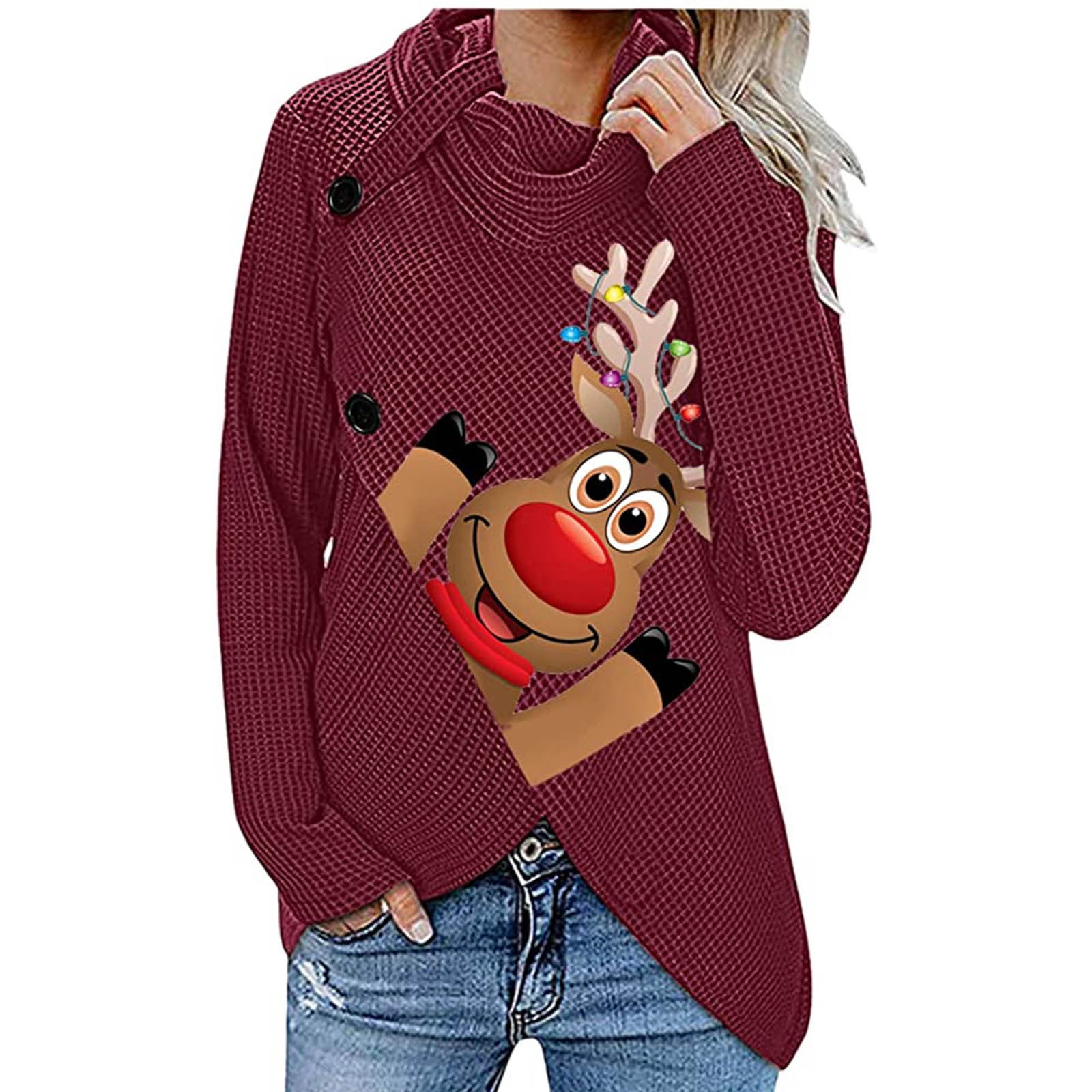 Dillar Fall Fashion for Women 2022 Christmas Print Button Turtleneck Long Sleeve Blouse Sweatshirt Pullover Tops Ladies Long Sleeve Irregular Button
