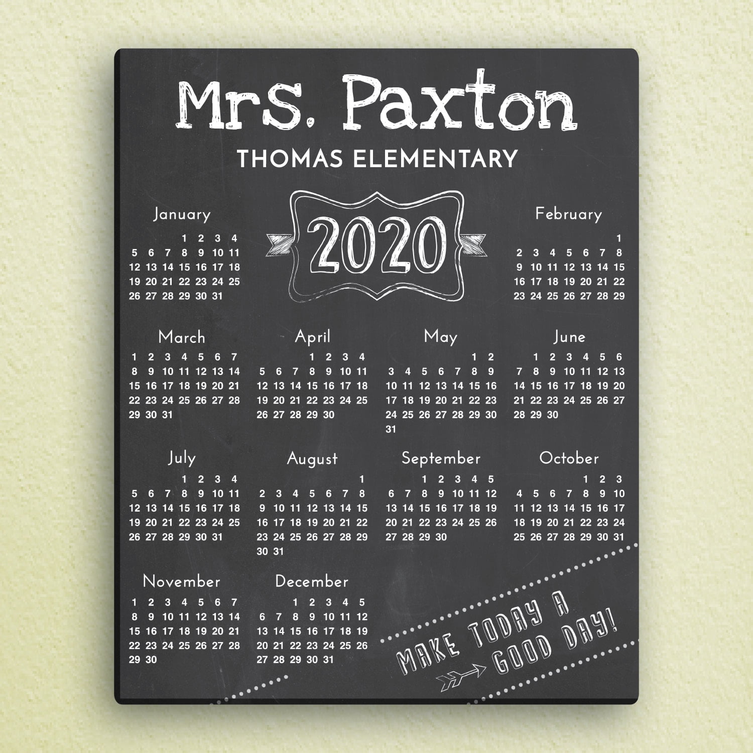 Personalized 2020 Chalkboard Calendar Canvas Wall Art, 11" x 14"