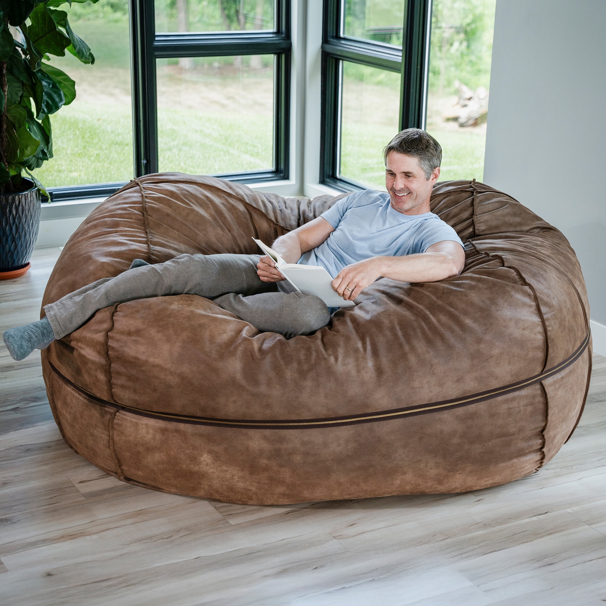Big Joe Fuf 8Ft Giant Foam Bean Bag Chair, Oversized Couch with Removable Cover for Kids, Teens, Adults, Coffee Soft Vegan Leather, 8 Foot