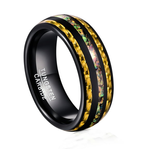 JQUEEN Men's 8mm Black and Broken Opal Tungsten Carbide Ring Inlaid Carbon Fiber Wedding Bands Ring