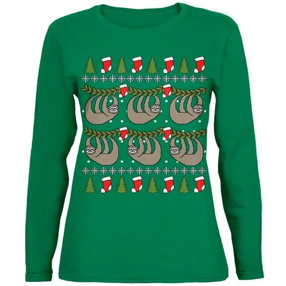 Hanging Sloth Ugly Christmas Sweater Womens Long Sleeve T Shirt Green X-LG