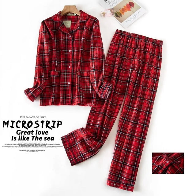 Pijamas de franela de algodón para mujer, ropa de S-XXXL de talla grande, traje de casa, Tops de dormir con estampado a cuadros, Otoño e Invierno