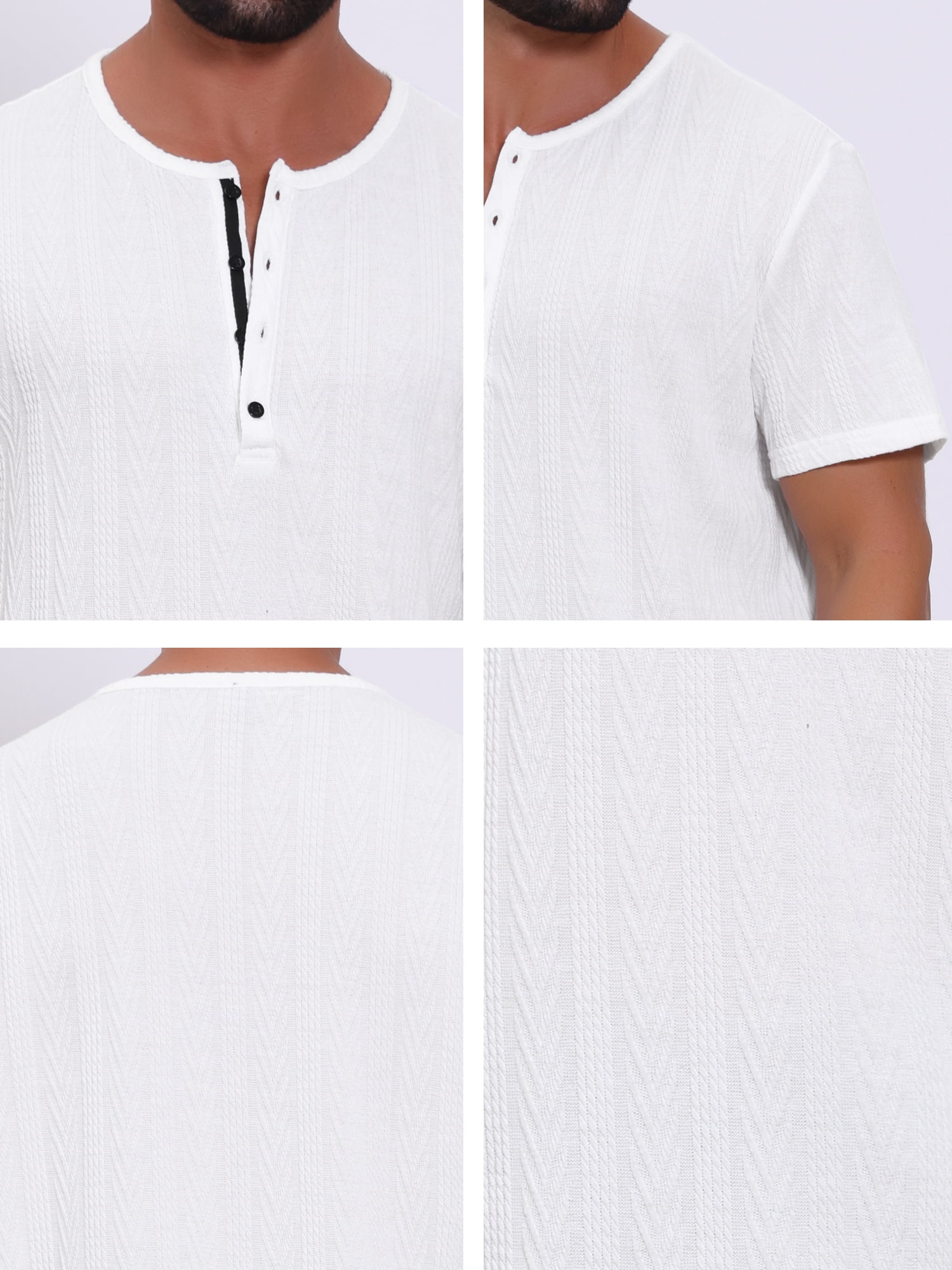 DARING DIVA Men's Henley Short Sleeve Button Down Jacquard Knitted T-Shirt S White