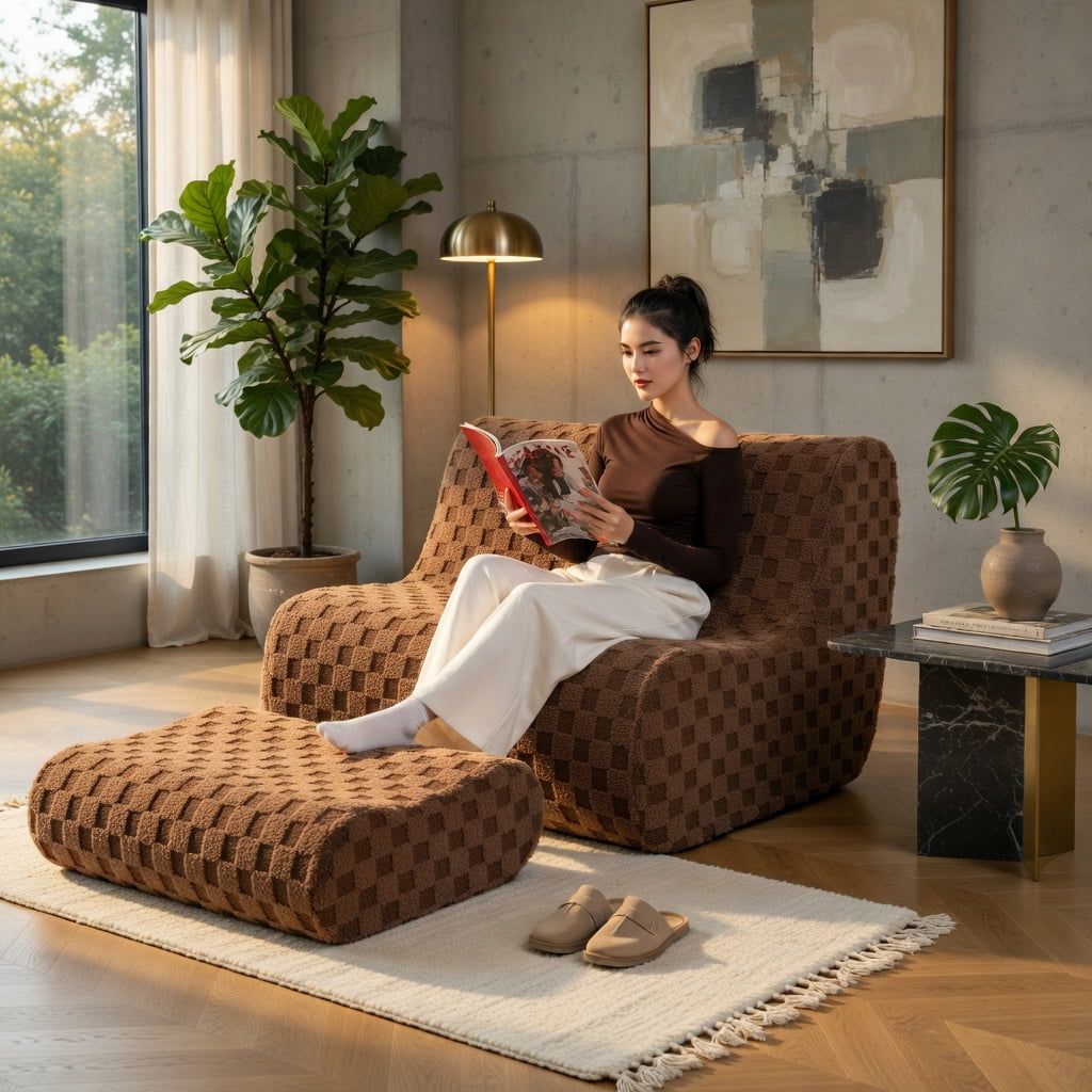 Hommoo Teddy Velvet Bean Bag Chair Set with Ottoman, High-Rebound Foam, Machine-Washable Cover, Non-Slip Base, No Assembly Needed, Brown